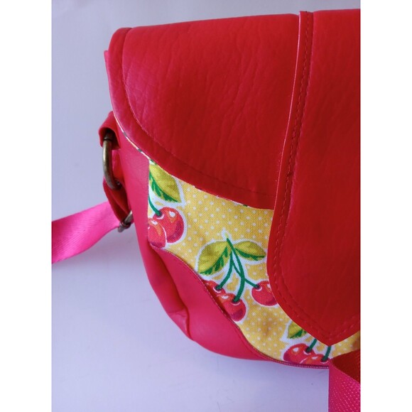Handmade Cross Body Bag Red Faux Leather w/ Yellow & Cherry Retro Cotton - Picture 7 of 15